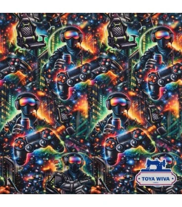 Digitalprintet bomuldsjersey med gamer motiv og spillekontroller