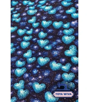 Digitalprintet bomuldsjersey med glitrende blå hjerter