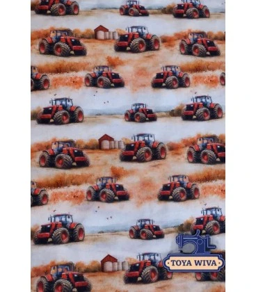 Digitalprintet bomuldsjersey med røde traktorer på marklandskab