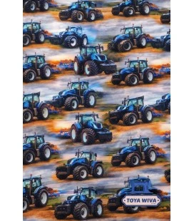 Digitalprintet bomuldsjersey med blå traktorer på marken