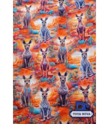 Digitalprintet bomuldsjersey med kænguruer i farverigt landskab