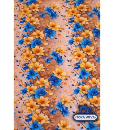 Digitalprintet bomuldsjersey med blå og gyldne blomster