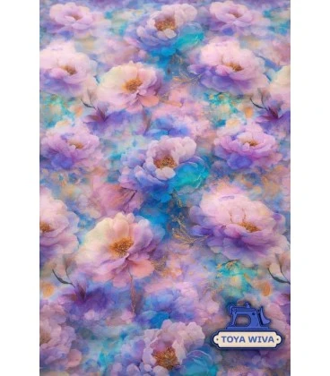 Digitalprintet bomuldsjersey med pastelblomster i lilla og blå nuancer