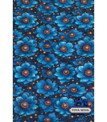 Digitalprintet bomuldsjersey med blå blomster på mørk baggrund