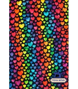 Digitalprintet bomuldsjersey med regnbuehjerter på sort baggrund