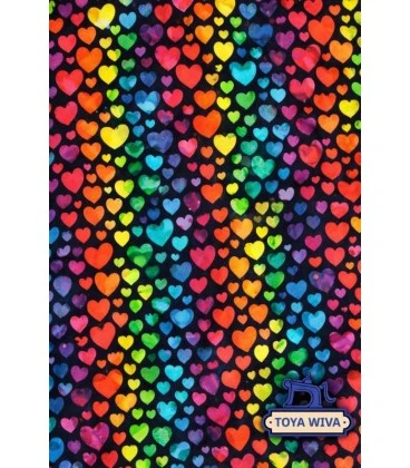 Digitalprintet bomuldsjersey med regnbuehjerter på sort baggrund