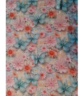 Bomuldsjersey pastel blomster og sommerfugle