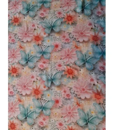 Bomuldsjersey pastel blomster og sommerfugle