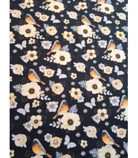Bomuldsjersey gule blomster og fugle print