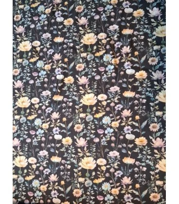 Bomuldsjersey små blomster på mørk bund