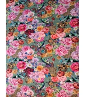 Bomuldsjersey med kolibrier og blomster forårsprint