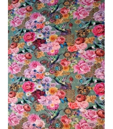 Bomuldsjersey med kolibrier og blomster forårsprint