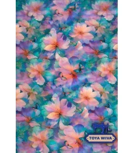 Bomuldsjersey med akvarel blomster og sommerfugle