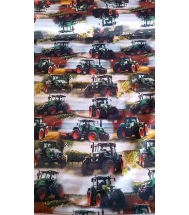 Bomuldsjersey med grønne traktorer på mark