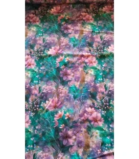 Bomuldsjersey med blomster i turkis, lilla og rosa nuancer