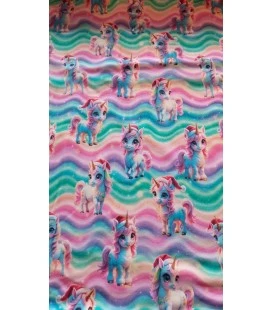 Bomuldsjersey med søde enhjørninger på regnbuefarvet baggrund