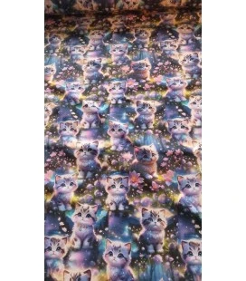 Digitalprintet bomuldsjersey med søde killinger og blomster