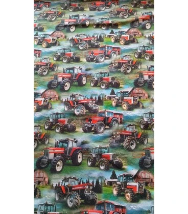 Digitalprintet bomuldsjersey med røde traktorer på landet