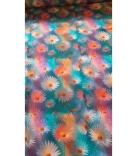 Digitalprintet bomuldsjersey med pastel margueritter på turkis baggrund