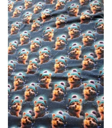 Digitalprintet bomuldsjersey med søde hunde i vinterhuer