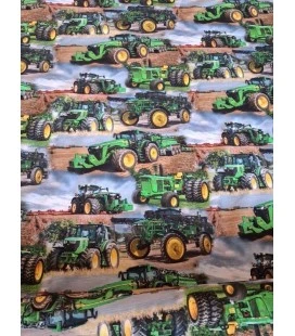 Digitalprintet bomuldsjersey med grønne traktorer og landbrugsmaskiner