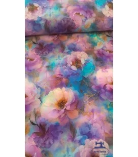 Digitalprint stof – Akvarelblomster i lilla og turkis