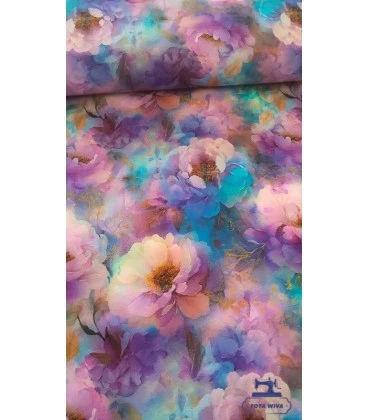 Digitalprint stof – Akvarelblomster i lilla og turkis