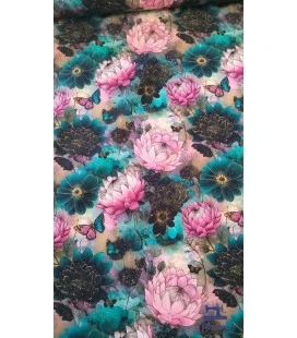 Bomuldsjersey – Rosa lotusblomster og sommerfugle