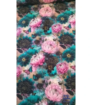 Bomuldsjersey – Rosa lotusblomster og sommerfugle