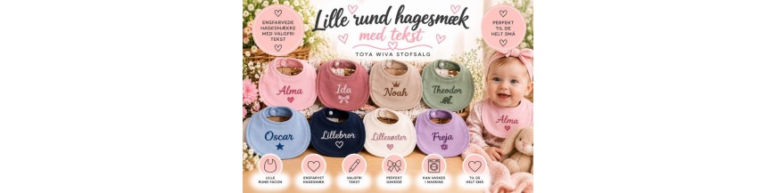 Lille rund ensfarvet hagesmæk med tekst